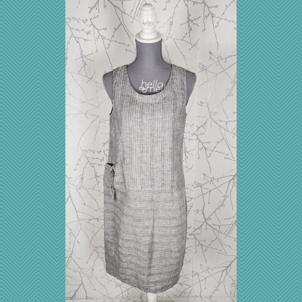 Liv by Habitat Gray Stripe 100% Linen Midi Pocket Shift Dress